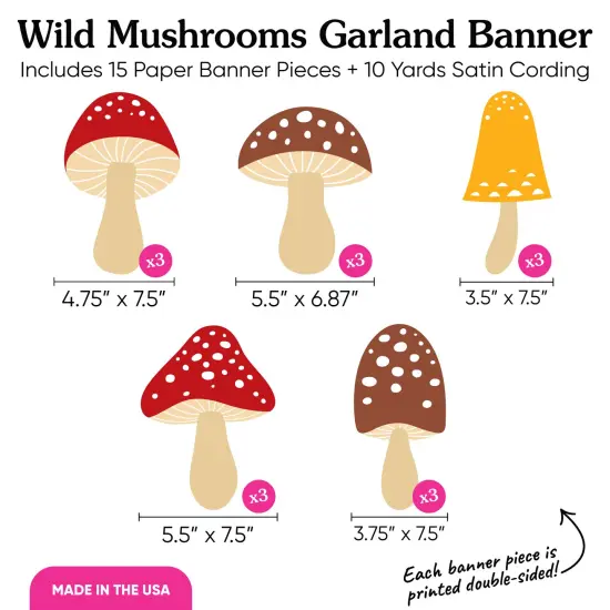 Big Dot of Happiness Wild Mushrooms Garland Banner, Toadstool Decor, Birthday Party Decorations Backdrop, 30 Feet of Cord, 15 Paper Mushroom Shapes {5}