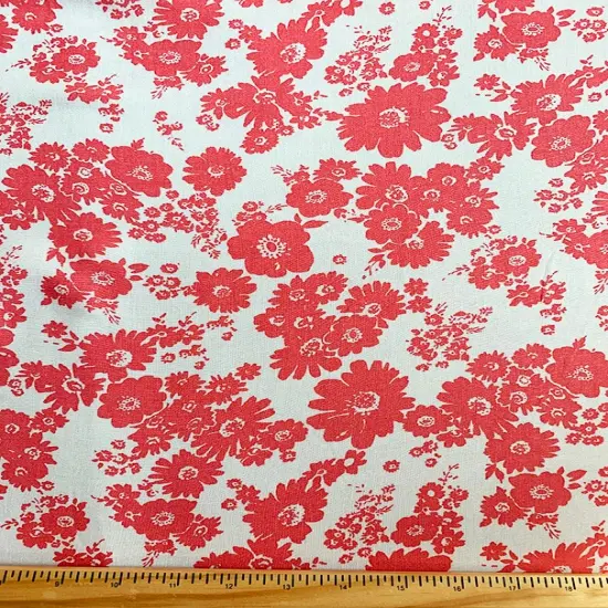 Coral and White Daisy Print Rayon Challis Fabric By the Yard {3}