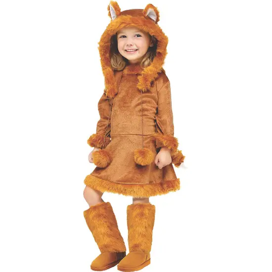 Adorable Girls Fox Costume with Plush Hood and Velvet Dress {1}
