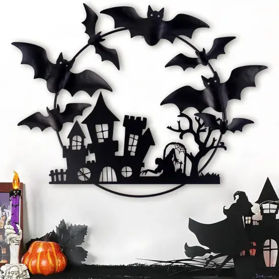Halloween Metal Wreath - 20 inch Black Iron with Bats {1}