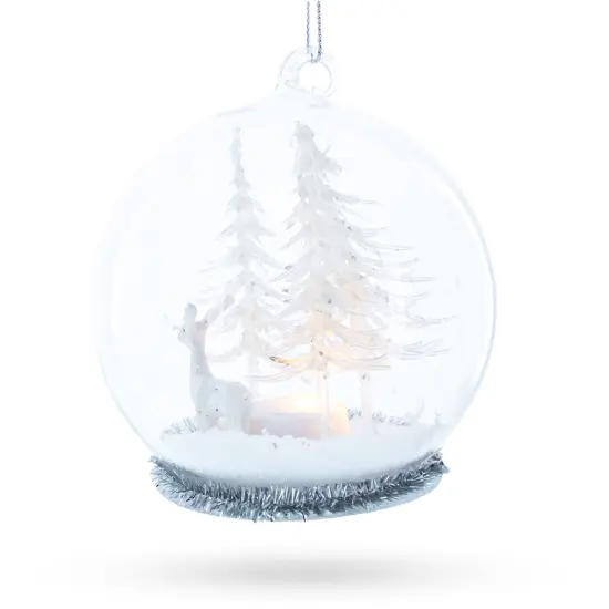 White Deer in Snow Globe with Glistening Snowflakes Glass Christmas Ornament {3}