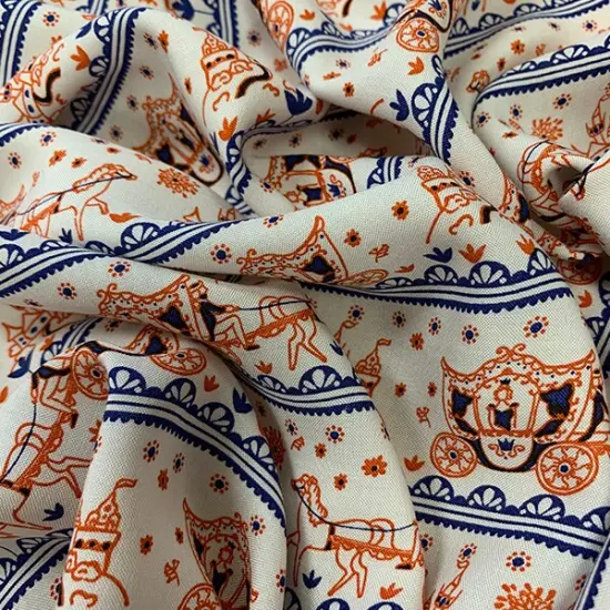 White Multi Horse Carriage Stripe Rayon Challis Fabric By the Yard {1}