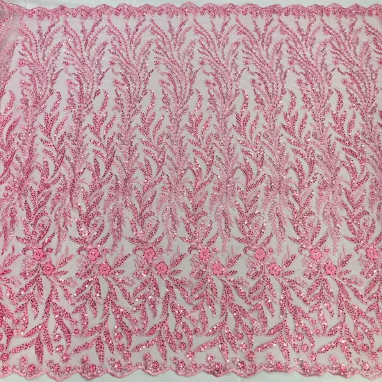 1 Yard Beaded Lace Fabric on 100% Polyester Net Mesh, Elegant Embroidered Lace Material Pink {1}