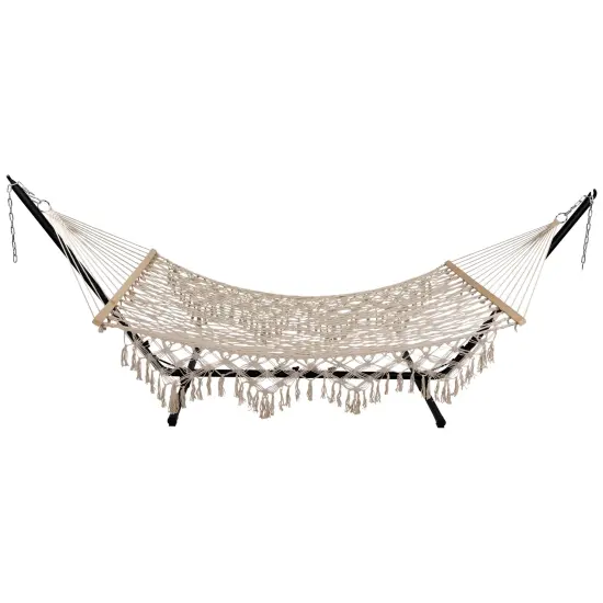 Northlight Lattice Macrame Rope Hammock with Wooden Bars - 74" x 59" - Cream White {5}