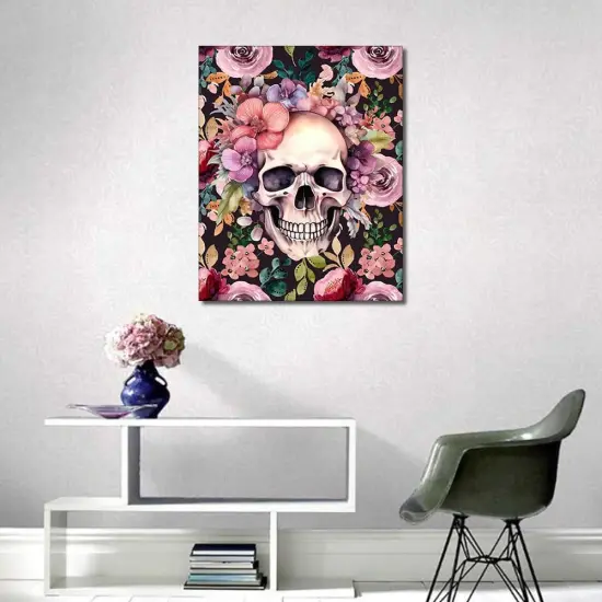 Paint by Numbers Kit for Adults, A Skull with Flowers Paint by Numbers with Paintbrushes and Acrylic Pigment, Skull Paint by Numbers Kit for Adults Beginner 16x20 Inch Frameless {4}