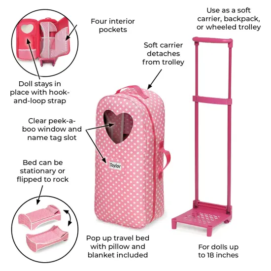 Badger Basket 3-in-1 Trolley Doll Carrier with Rocking Bed and Bedding - Pink/Polka Dot {3}