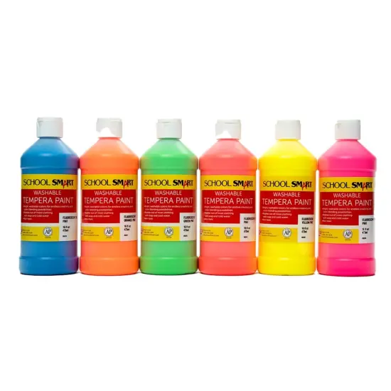 School Smart Washable Tempera Paints, 1 Pint Bottles, Assorted Neon Fluorescent Colors, Set of 6 {1}