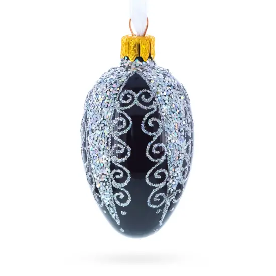 Black with Silver Glitter Swirls and Sequins Mini Glass Egg Ornament 2.9 Inches {3}