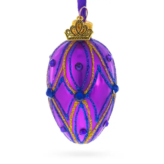 Vibrant Purple with Blue and Gold Glitter Gem Accents Mini Glass Egg Ornament 2.9 Inches {1}