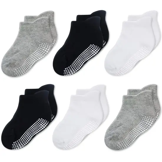 CozyWay Kids Socks With Grippers - Non Slip Ankle Grip Socks for Girls and Boys Ages 3 Years and Up - Soft Comfy Cotton - Unisex Black, Gray, White - 6 Pack Multicolor {1}