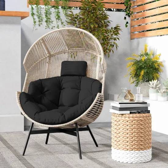 Costway Oversized Egg Style Chair with Cushions & Headrest Heavy-Duty Metal Frame for Yard Off White/Grey/Black {4}
