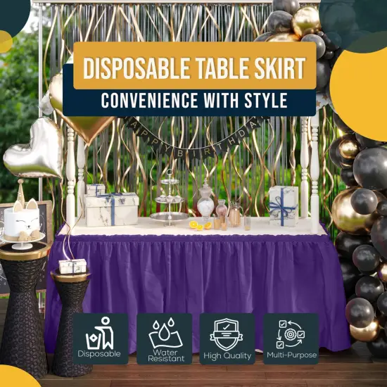 Ruffle Disposable Table Skirt 14 Ft Long Pleated Table Skirts with Adhesive Strip &ndash; Fits 6ft+ Rectangle or Round Tables &ndash; Ideal for Birthday Parties, Gender Reveal, Baby Showers & Event Decorations 6 pack by Exquisite Purple {6}