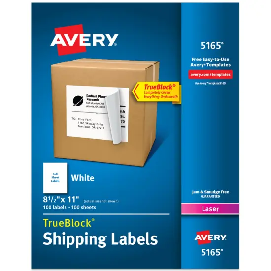 Avery Full-Sheet Printable Shipping Labels, 8.5" x 11" Customizable Stickers, White, 100 Blank Mailing Labels, Great for Mailing, Shipping, Organizing, and More (5165) {1}