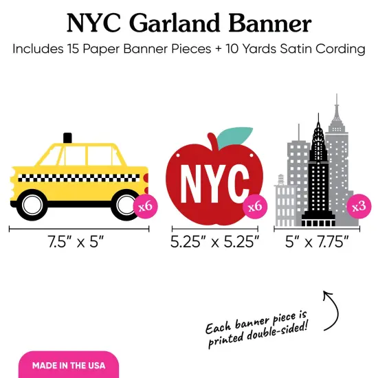 Big Dot of Happiness NYC Cityscape Garland Banner, New York City Party Decorations Banner, 30 Feet of Cord, 15 Double-Sided Big Apple, Taxi, Skyscraper {5}