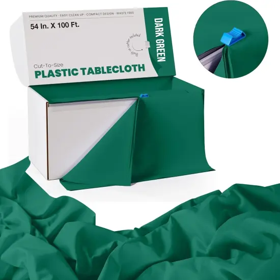 Exquisite Party Solids 54" x 100' Plastic Table Cover Roll with Slide Cutter &ndash; Cut-to-Size Dispenser Box &ndash; Makes Up to 36 Disposable 8' Rectangle Tablecloths Dark Green {3}