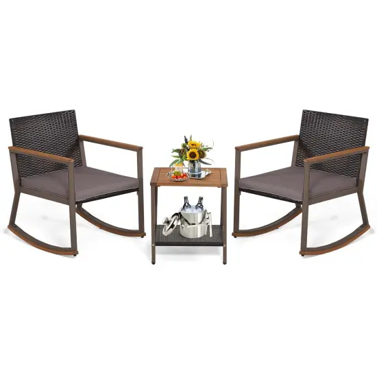 Costway 3 PCS Patio Rattan Rocking Chair Bistro Set Armrest Cushion Table with Storage Shelf Navy/Grey/Off White {8}