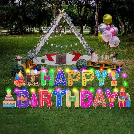 18Pcs Happy Birthday Yard Signs with Stakes 16&rdquo;Large Size,LED Lights 2 x 5 m and Personalized Signs, Birthday Letters for Yard Lawn Outdoor Decoration Party Supplies {5}