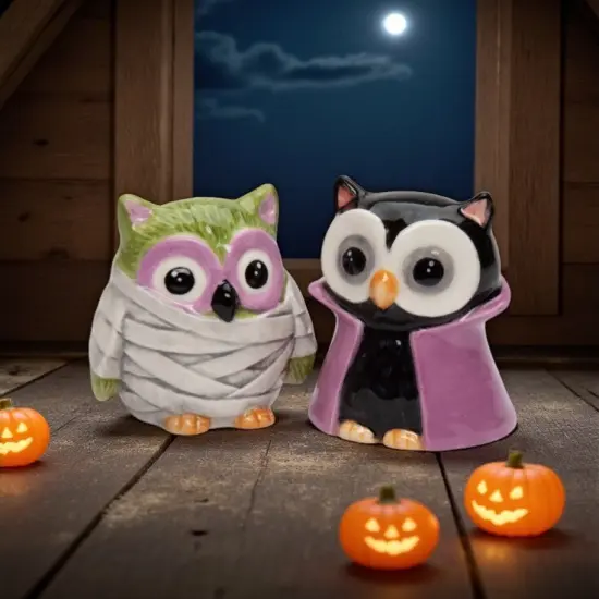 Ceramic Owl Dracula And Mummy Salt And Pepper Shakers, Home D&eacute;cor, Gift for Her, Gift for Mom, Kitchen D&eacute;cor, Fall D&eacute;cor, Halloween D&eacute;cor {1}