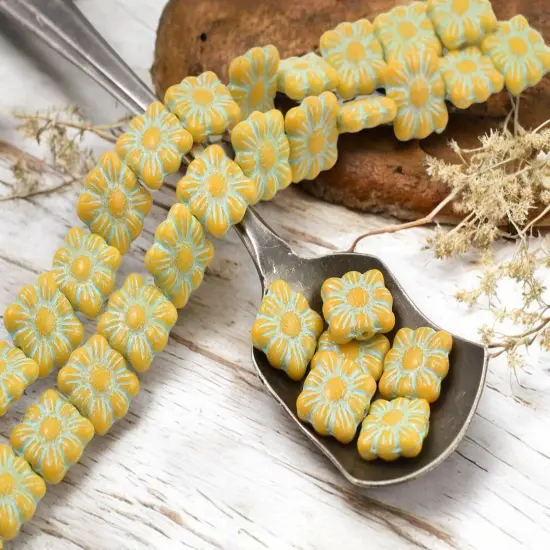 *13* 11mm Turquoise Washed Opaque Mango Square Zinnia Flower Beads {4}