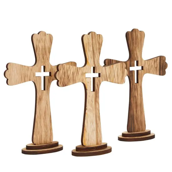 3 Pack Catholic Wooden Cross Baptism Centerpieces for Tables, Communion, Home Decor (6 x 9 In) Brown {1}
