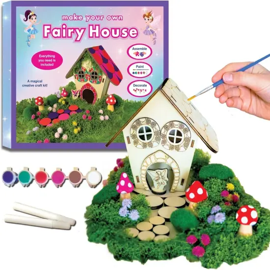 Wooden Fairy House Craft Kit for Kids DIY Fairy Garden with Paints & Decorations {1}