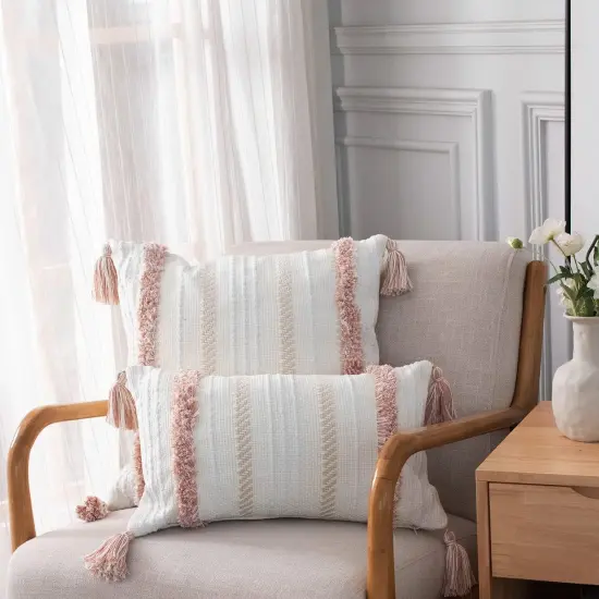 Boho Throw Pillow Covers Tufted Decorative Pillows Cover for Couch Bed Small Lumbar 12 x 20 inch Pillow Cover, Modern Accent Farmhouse Neutral Throw Pillow Case, Pink {2}