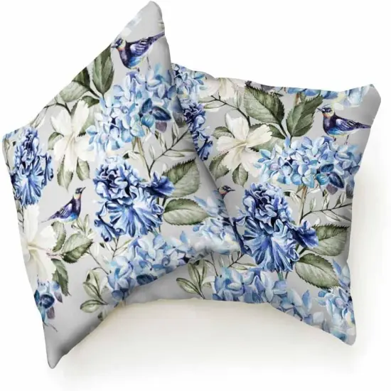 Pillow Covers Colorful Watercolor Blue Hydrangea Hibiscus Iris Leaf and Bird Spring Flowers Pattern 18X18 Inch Set of 2,Standard Square Cushion Throw Cover for Couch Bedroom Living {2}