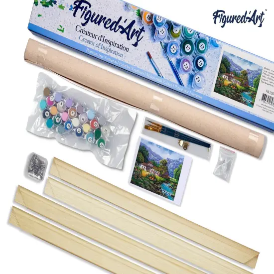 Figured'Art Paint by Numbers Kit for Adults Quiet house near the river 16"x20" - Craft Art Painting Rolled Canvas with DIY wooden frame {5}