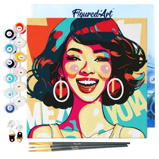 Figured'Art Mini Paint by Numbers Kit for Adults with Frame Charming Lady Pop Art Small format 8"x8" - Craft Art Painting DIY Canvas Already Stretched on a Wooden Frame {1}