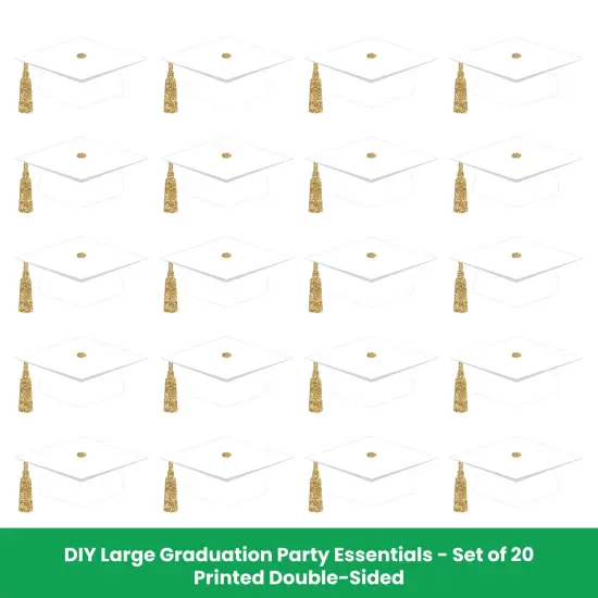 Big Dot of Happiness White and Gold Graduation Cap Decorations, DIY Large Grad Hat Cut-Outs, Double-Sided Grad Party Essentials - Set of 20 {6}