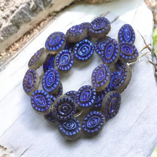 *10* 14x11mm Metallic Blue Iris Washed Matte Black Diamond Mystic Eye Beads {2}