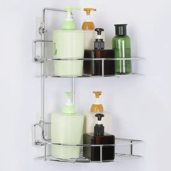 Bathroom Corner Two-Level Wall-Mounted Storage Shelf, Stainless Steel Without Drilling {3}