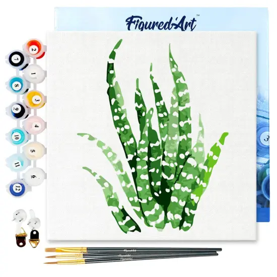Figured'Art Mini Paint by Numbers Kit for Adults with Frame Abstract Aloe Vera Plant Small format 8"x8" - Craft Art Painting DIY Canvas Already Stretched on a Wooden Frame {1}