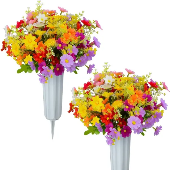 Artificial Cemetery Daisy Flowers with Vase &ndash; Silk Memorial Bouquet for Grave & Headstone Decoration {1}