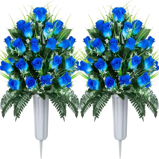 2 Sets Artificial Cemetery Rose Bouquets with Vase &ndash; Memorial Grave Decorations for Lasting Tribute {3}