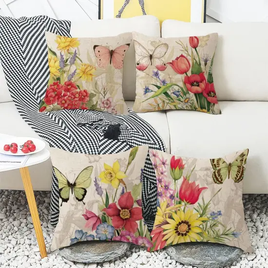 Throw Pillow Covers 16x16 Set of 4 Decorative Spring Pillow Covers Linen Flower Butterfly Farmhouse Pillowcases for Sofa Couch Living Room Outdoor (16" x 16") {4}