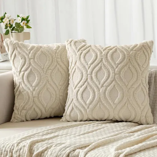 Beige Throw Pillow Covers 18x18 Inch, Soft Winter Plush Faux Wool Couch Pillow Covers Set of 2 Decorative Farmhouse Boho Throw Pillows for Sofa Living Room Bed {1}
