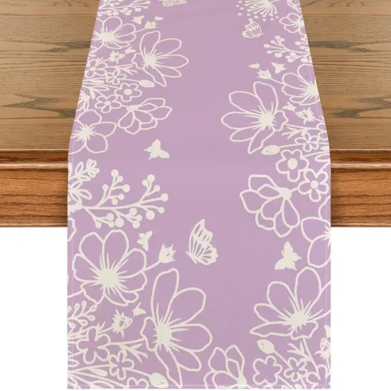 Bloom Flowers & Butterfly Table Runner – Seasonal Spring & Holiday Décor for Dining & Kitchen Purple {1}