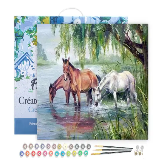 Figured'Art Paint by Numbers for Adults with Frame Three Horses near the lake 16"x20" - Craft Art Painting DIY Kit Canvas Already Stretched on a Wooden Frame {1}