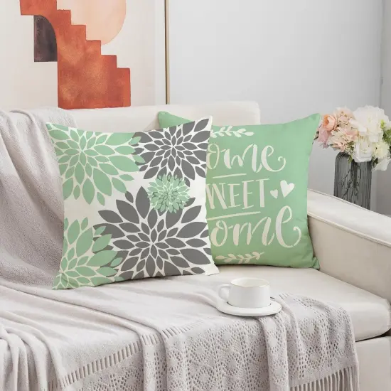 Set of 4 Geometric Floral Throw Pillow Covers 18 x 18 inch Spring Summer Farmhouse Cushion Covers for Home D&eacute;cor (Sage Green) {3}