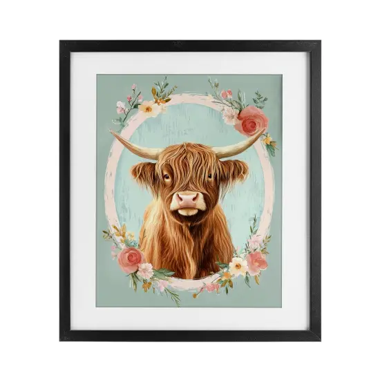 Stupell Industries Highland Cow In Floral Border Framed Print Under Glass, design by Petal Prints Design {1}