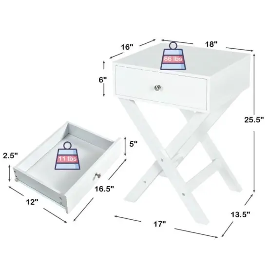 X-Shape 1 Drawer Nightstand White End Table with Storage for Bedroom {4}