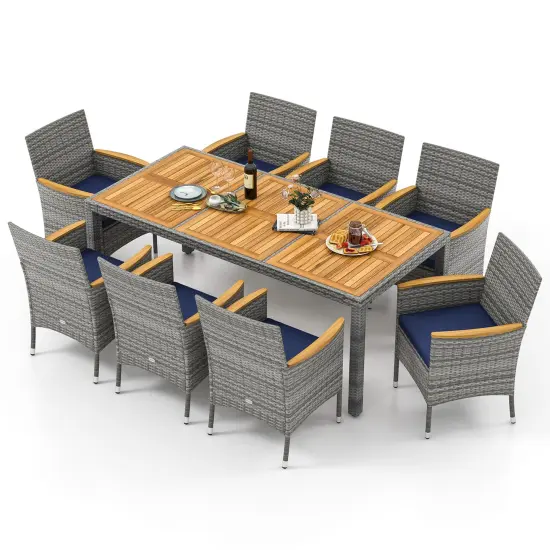 9 Pieces Patio Wicker Dining Set Including Ergonomic Armchairs with Cushions and Metal Frame Navy {4}