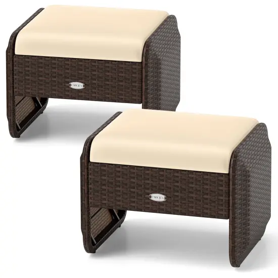 2 Pieces Patio Wicker Ottomans with Metal Frame and Removable Cushions Perfect for Outdoor Seating Brown {3}
