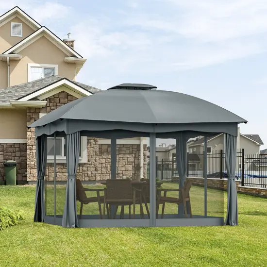 Polyester and Steel Gazebo with Mesh Walls, Curtains and Double Roof Grey {3}
