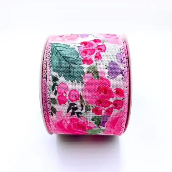 Designer's Shop WR 63-5200 Spring Summer Pink Rose, Red / Purple small floral and green leaf on white burlap wired edge ribbons, 2.5" x 10 yards {2}