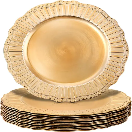12 Pack Charger Plates, 13Inch Gold Dinner Under Plates, Plastic Round Charger Service Base Plates, Reusable Beaded Server Ware Serving Trays for Wedding, Christmas Dinner Table {1}
