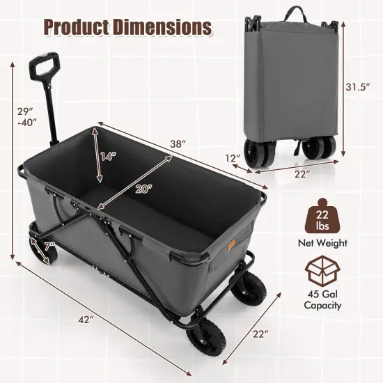 Metal Folding Utility Wagon Cart with Adjustable Handle and Wheels Grey {5}