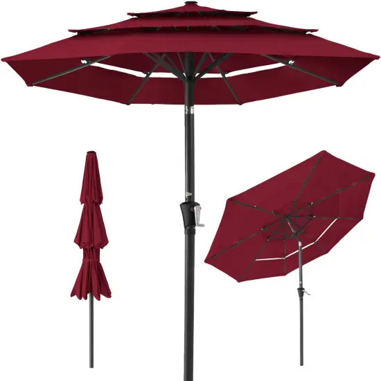 Best Choice Products 10ft 3-Tier Patio Umbrella, Market Sun Shade w/ Tilt Adjustment, Easy Crank Burgundy {1}