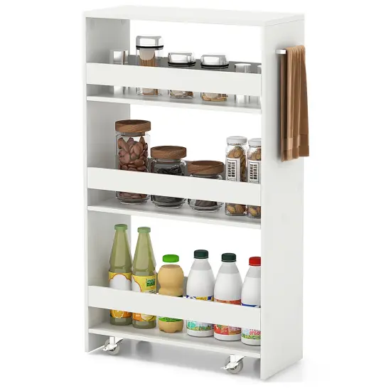 4-Tier Rolling Storage Cart Slim Kitchen Cart on Wheels with Open Shelves and Handle White {4}